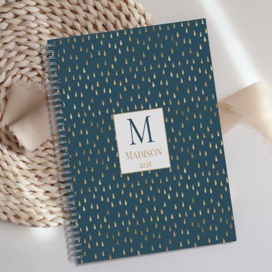ティール(緑がかった色)グリーン金ゴールドレインドロップモダントレンディーモノグラム プランナー手帳
