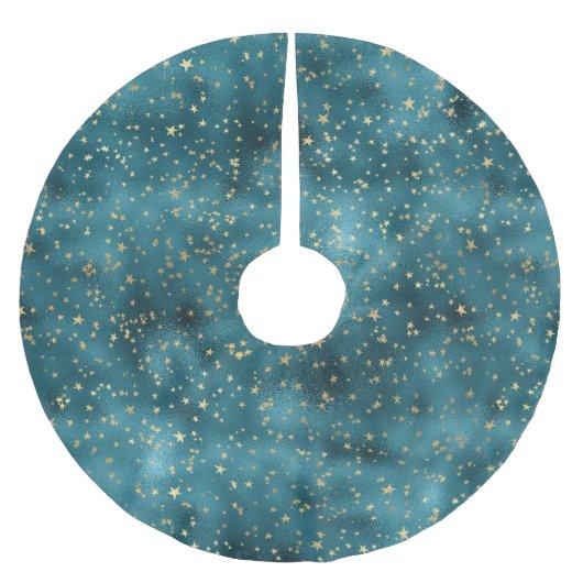ティール（緑がかった色）グリーン金ゴールド星 ブラッシュドポリエステルツリースカート (正面)