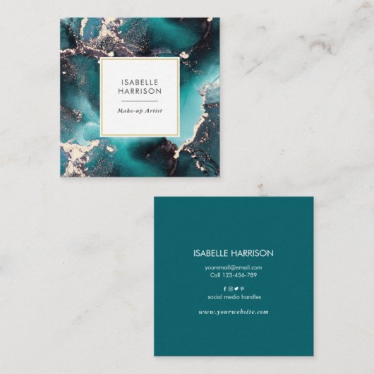 ティール（緑がかった色）グリーン金ゴールド水彩インク名刺 スクエア名刺 (正面/裏面)