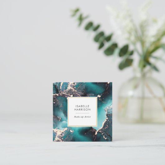 ティール（緑がかった色）グリーン金ゴールド水彩インク名刺 スクエア名刺 (スタンド正面)