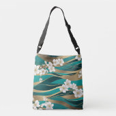 ティール(緑がかった色)グリーン金ゴールド白フローラの花 クロスボディバッグ (裏面)