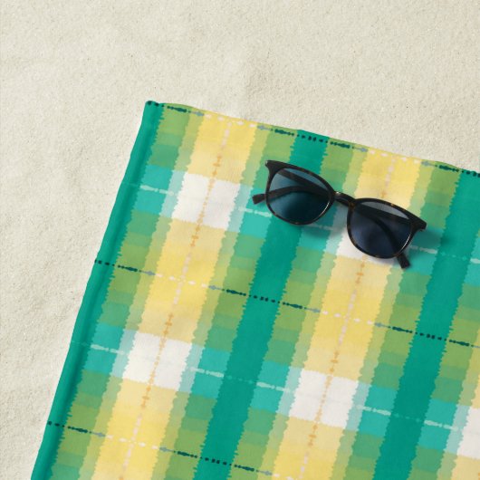 ティール（緑がかった色）グリーン黄黄白色パタストライプのーン ビーチタオル (インサイチュ)