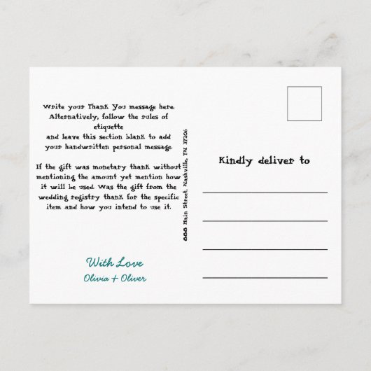 ティール（緑がかった色）グリーン（ばちゃばちゃ）跳ねる、新しいサイトから感謝す結婚る 案内ポストカード (裏面)