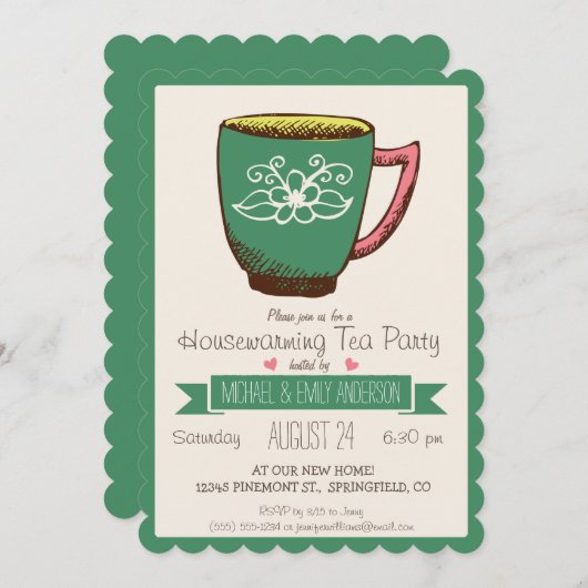 ティール(緑がかった色)グリーン&ピンクレトロ引っ越し祝いパーティーティーパーティー 招待状 (正面/裏面)