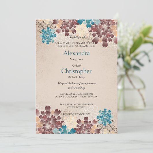 ティール(緑がかった色)グリーン、ブラウン&アイボリーフラワーズレトロ結婚ズS4 招待状 (スタンド正面)