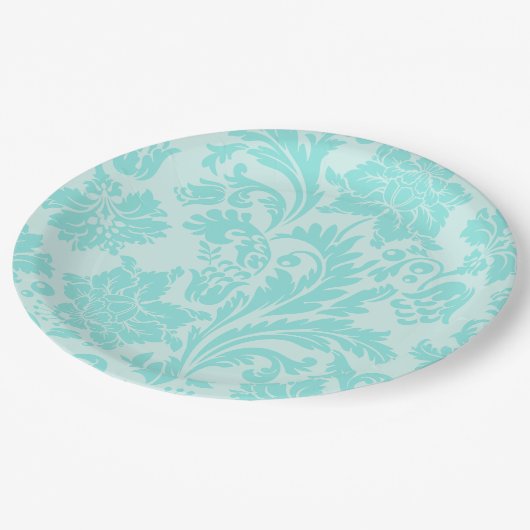 ティール（緑がかった色）グリーン、ブルーヴィンテージダマスクプリント紙プレート ペーパープレート (アングル)