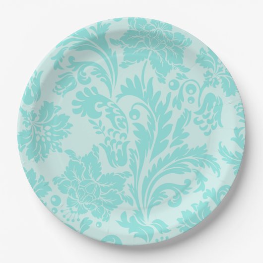 ティール(緑がかった色)グリーン、ブルーヴィンテージダマスクプリント紙プレート ペーパープレート (正面)