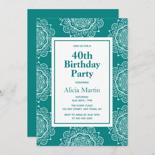 ティール(緑がかった色)グリーン&ホワイトマンダラフラワー40歳の誕生日 招待状 (正面/裏面)