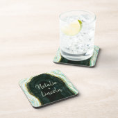 ティール(緑がかった色)グリーン&金ゴールドアガテマーブルズモノグラム コースター (右側)