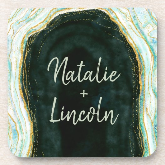 ティール(緑がかった色)グリーン&金ゴールドアガテマーブルズモノグラム コースター (正面)