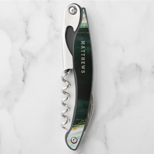 ティール(緑がかった色)グリーン&金ゴールドアガテマーブルズモノグラム ソムリエナイフ (正面)