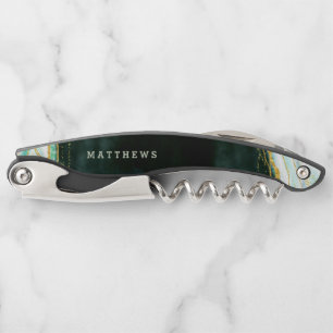 ティール(緑がかった色)グリーン&金ゴールドアガテマーブルズモノグラム ソムリエナイフ