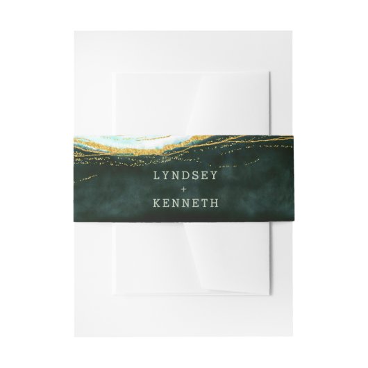 ティール（緑がかった色）グリーン&金ゴールドアガテマーブルズモノグラム 招待状ベリーバンド (正面例)