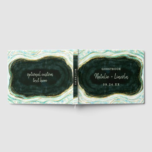 ティール（緑がかった色）グリーン&金ゴールドアゲートマーブルゲーデ結婚ーズ ゲストブック (全面)