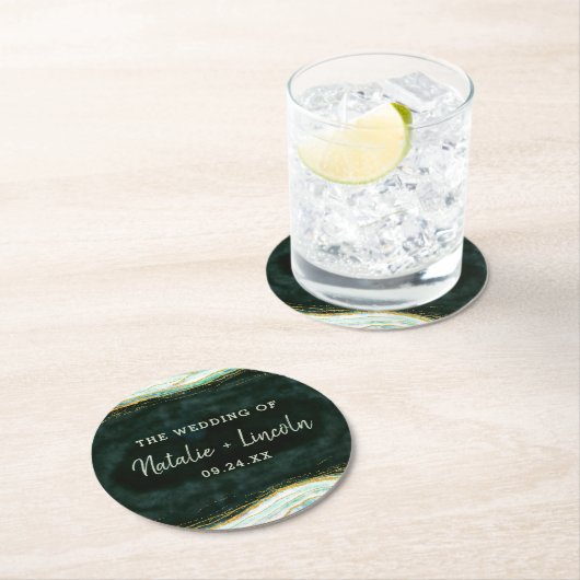 ティール(緑がかった色)グリーン&金ゴールドアゲートマーブルジオードモノグラム ラウンドペーパーコースター (インサイチュ)