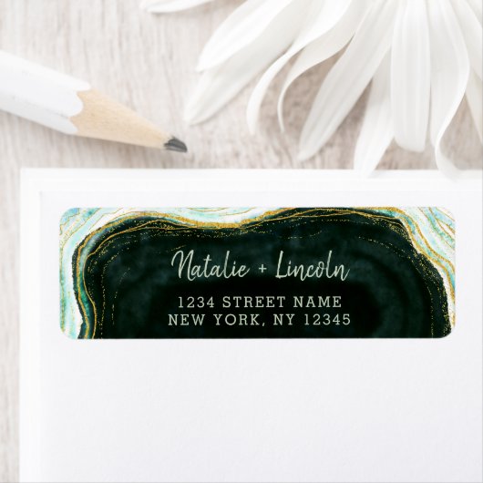 ティール(緑がかった色)グリーン&金ゴールドアゲ結婚ート差出人住所 ラベル (インサイチュ)