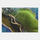 ティール(緑がかった色)&グリーン&金ゴールドグリッターピーコックアゲート ラッピングペーパーシート (正面3)