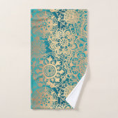 ティール(緑がかった色)グリーン&金ゴールド曼荼羅防法致 バスタオルセット (ハンドタオル)