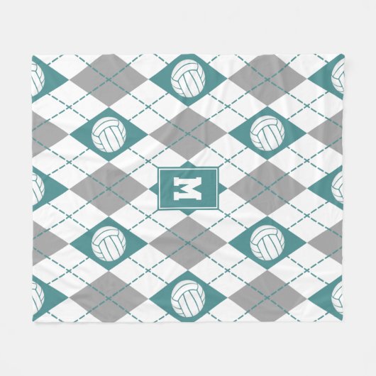 ティール(緑がかった色)グレアーガイルー型バレーボールモノグラムの フリースブランケット (正面(横))