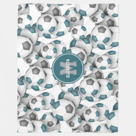 ティール（緑がかった色）グレイのサッカーボールのパタモノグラムのーン フリースブランケット