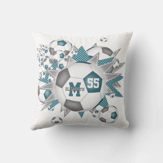 ティール（緑がかった色）グレイのサッカーボールガーリー吹出しスポーツデコ クッション (裏面)