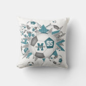 ティール(緑がかった色)グレイのサッカーボールガーリー吹出しスポーツデコ クッション (正面)