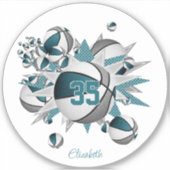 ティール(緑がかった色)グレイのバスケットボール星の女の子ジャージー番号 シール (正面)