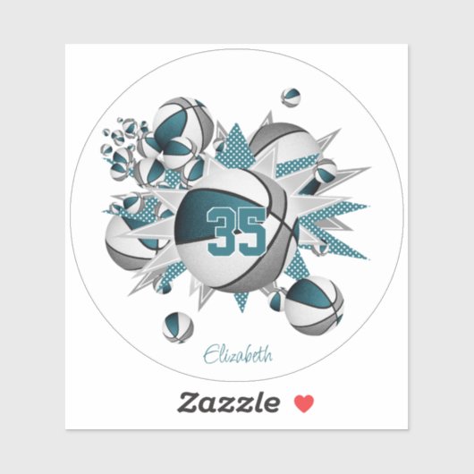 ティール(緑がかった色)グレイのバスケットボール星の女の子ジャージー番号 シール (シート)