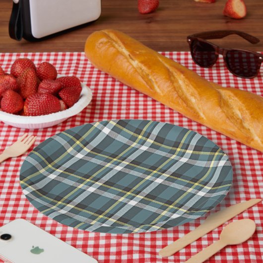 ティール（緑がかった色）グレイクラシックブルーイエロータータンチェックプレイドストライプ ペーパープレート (ピクニック)