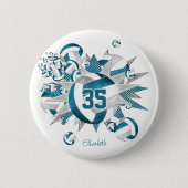 ティール（緑がかった色）グレイ女子スポーツギフトバレーボールのスター 缶バッジ (正面)