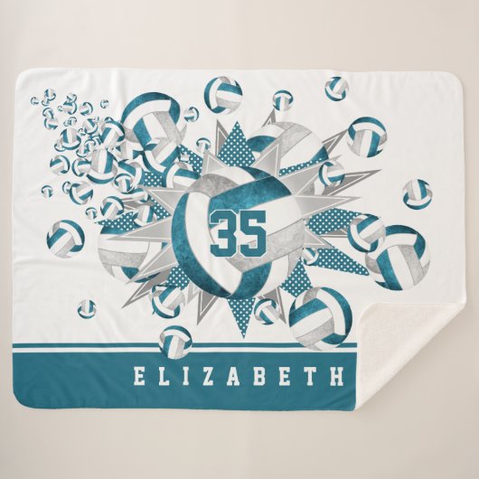 ティール(緑がかった色)グレイ女子スポーツデコールバレーボールのスター シェルパブランケット (正面(横))