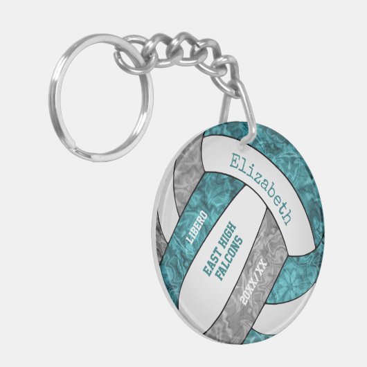 ティール（緑がかった色）グレイ女子名前をカスタムするスポーツバレーボール キーホルダー (正面左)