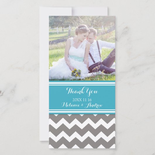 ティール（緑がかった色）グレイChevron Thank You'結婚's Photo Cards サンキューカード (正面)
