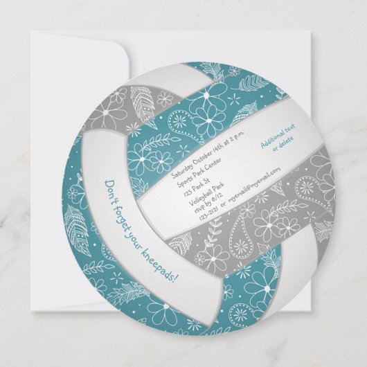 ティール（緑がかった色）グレイwフローラドードルボリー女の子の誕生日 案内状 (裏面)