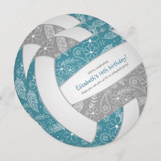 ティール（緑がかった色）グレイwフローラドードルボリー女の子の誕生日 案内状 (正面/裏面)