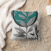 ティール(緑がかった色)グレーとブラック抽象芸術水彩リーフ クッション (ブランケット)