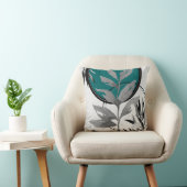 ティール(緑がかった色)グレーとブラック抽象芸術水彩リーフ クッション (椅子)