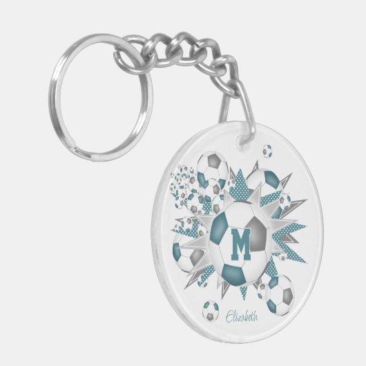 ティール（緑がかった色）グレーのサッカーボールのパンク女モノグラムのの子 キーホルダー (正面左)
