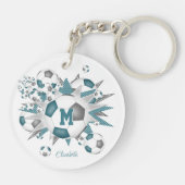 ティール（緑がかった色）グレーのサッカーボールのパンク女モノグラムのの子 キーホルダー (裏面)