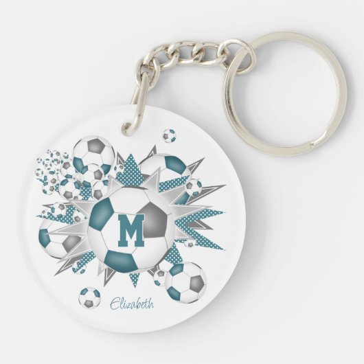 ティール(緑がかった色)グレーのサッカーボールのパンク女モノグラムのの子 キーホルダー (裏面)