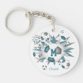 ティール（緑がかった色）グレーのサッカーボールのパンク女モノグラムのの子 キーホルダー (正面)