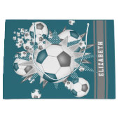 ティール（緑がかった色）グレーのサッカーボールの打ちパーソナライズされた出 ラージペーパーバッグ (正面)