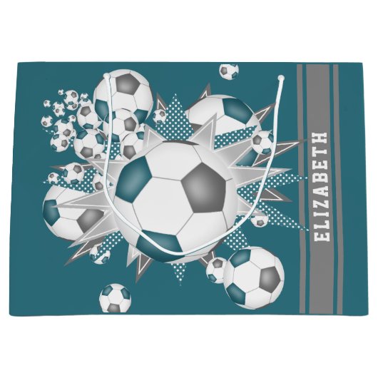 ティール（緑がかった色）グレーのサッカーボールの打ちパーソナライズされた出 ラージペーパーバッグ (正面)