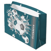 ティール（緑がかった色）グレーのサッカーボールの打ちパーソナライズされた出 ラージペーパーバッグ (裏面アングル)