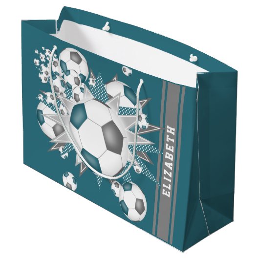 ティール（緑がかった色）グレーのサッカーボールの打ちパーソナライズされた出 ラージペーパーバッグ (裏面アングル)