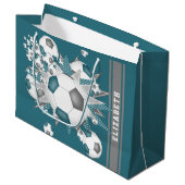 ティール（緑がかった色）グレーのサッカーボールの打ちパーソナライズされた出 ラージペーパーバッグ (正面アングル)