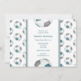 ティール(緑がかった色)グレーの女の子のサッカーの誕生日またはチームパーティー 招待状