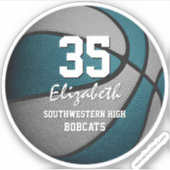 ティール（緑がかった色）グレーの女の子の男の子バスケットボールのチームカラー シール (正面)