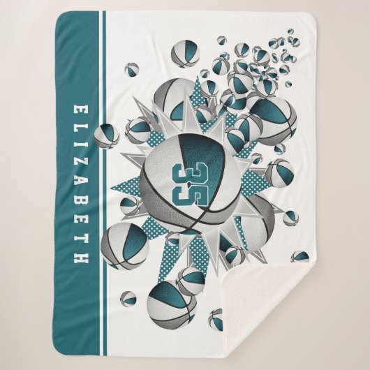 ティール(緑がかった色)グレーの女の子スポーツのデコのバスケットボールの星 シェルパブランケット (正面)