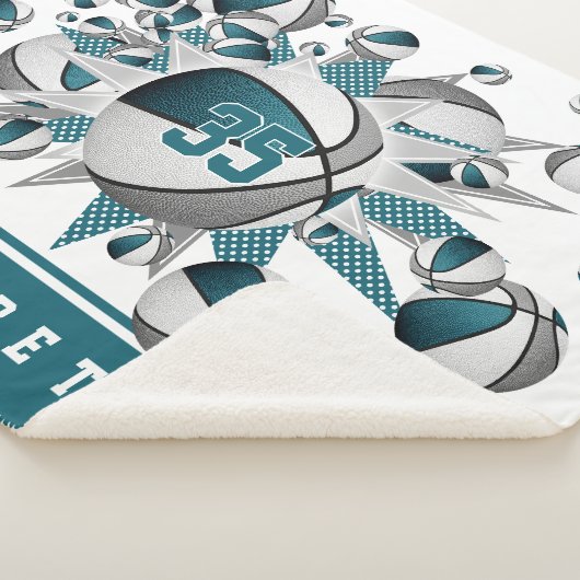 ティール(緑がかった色)グレーの女の子スポーツのデコのバスケットボールの星 シェルパブランケット (3/4)